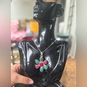 Large Genuine Ruby & Emerald Gemstone Pendant 925 Sterling Silver Artisan Flower